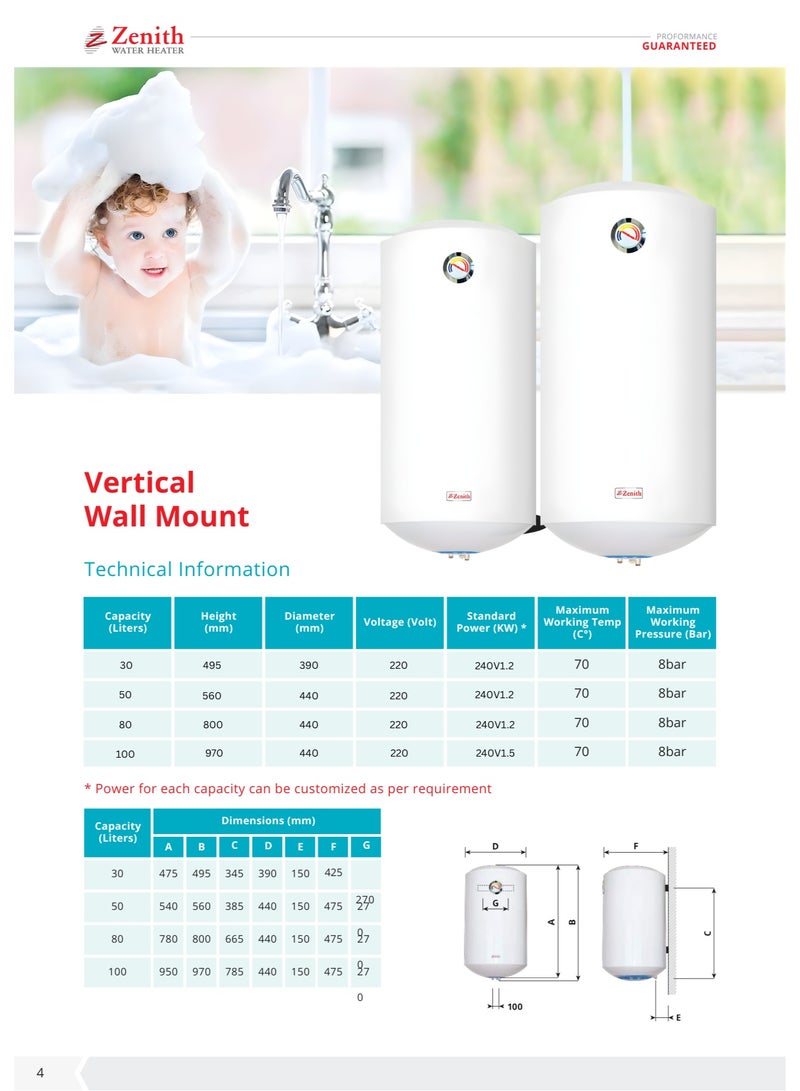 Zenith Electric Water Heater – 100L – Vertical – Fast Heating – Energy Saving – UAE Standard - Image 3